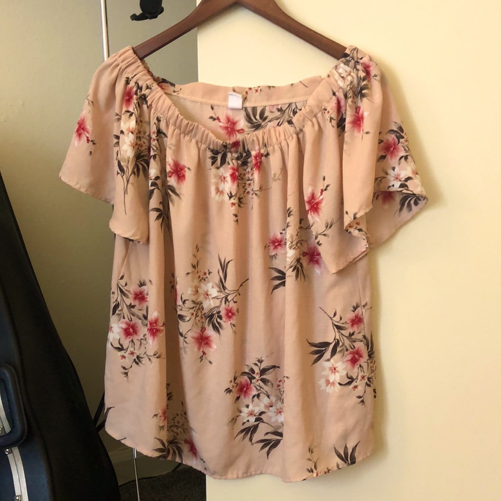 Light pink floral off the shoulder blouse